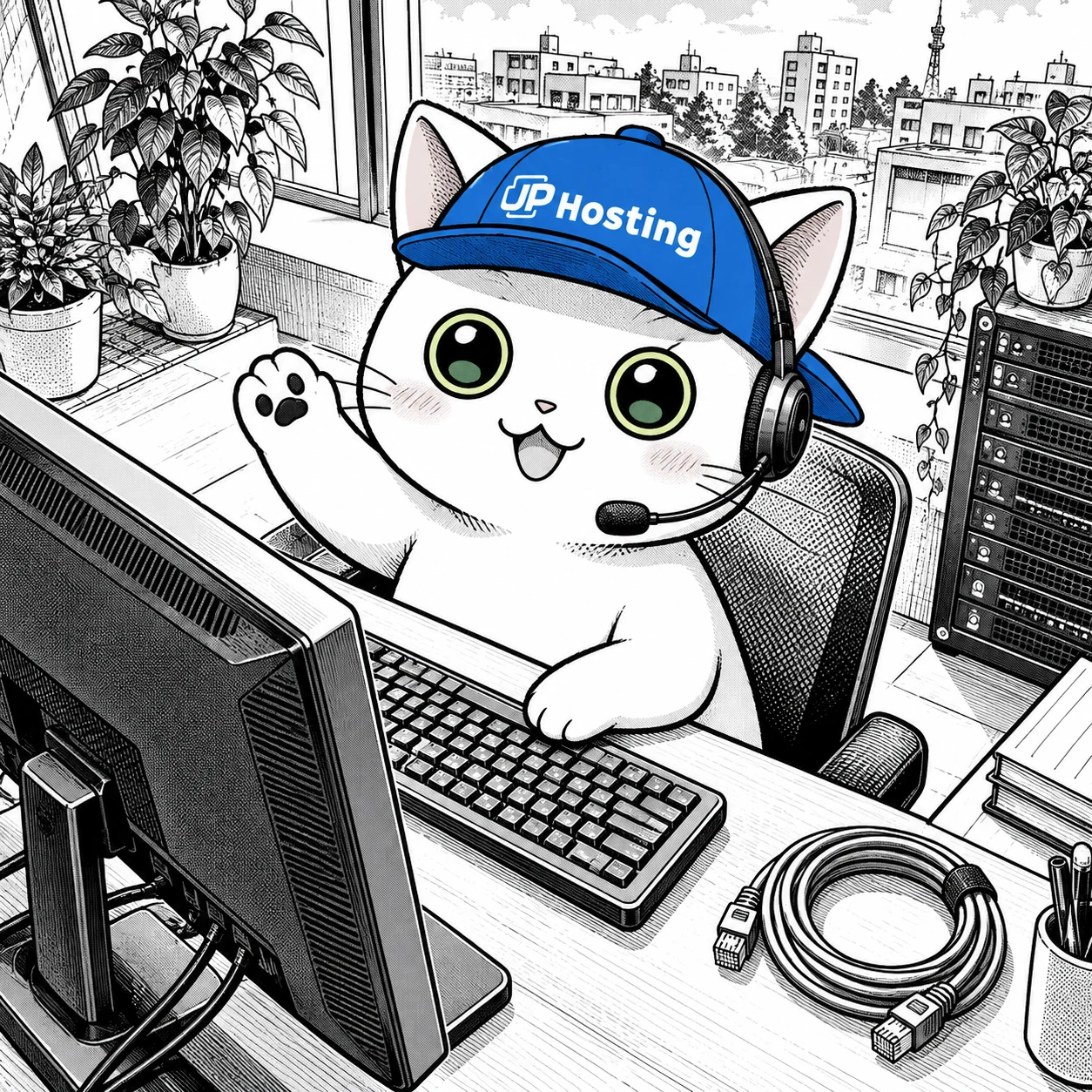 서버 구성을 안내하는 JP-Hosting 고양이